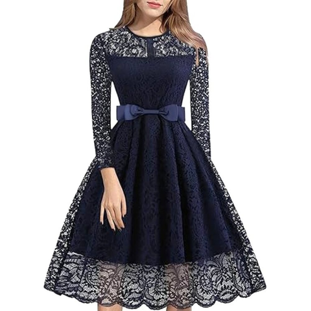 Women's Round Neck Hollow Long Sleeves Waist Wrap Belted Lace A-Line Dress XL